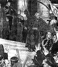 Король Фридрих Вильгельм III в окружении своих сыновей, генералов Йорка, Блюхера, Гнейзенау и Шарнхорста. Йорк взывает к королю.