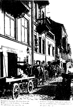 А.Конопка. Кенигсберг, Кнайпхоф, телеги на набережной возле винного склада. 1905 год