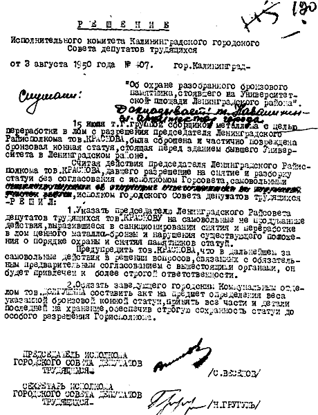 Решение исполкома Калининградского горсовета от 3 августа 1950 года